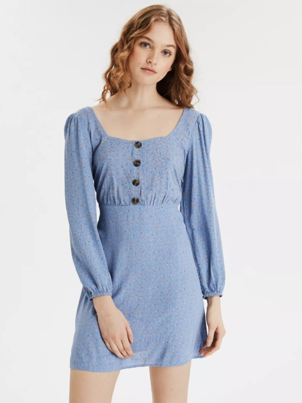 A306 • Dusty Blue Ditsy Floral Button Front Puff Sleeve Mini Dress